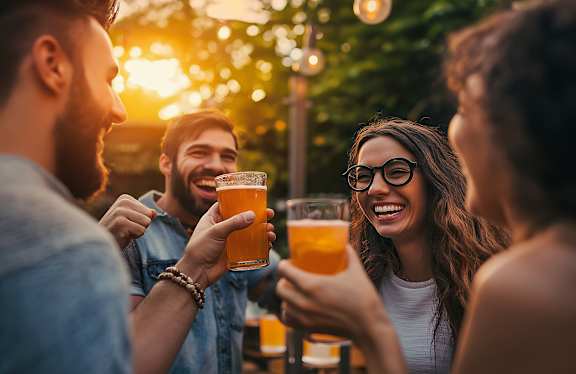 A group of friends toasting with beer glasses in a sunlit outdoor setting.