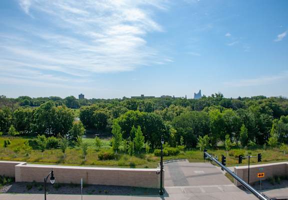 the view of the city from the roof of a building at Riverhouse Apartments, Fargo, North Dakota