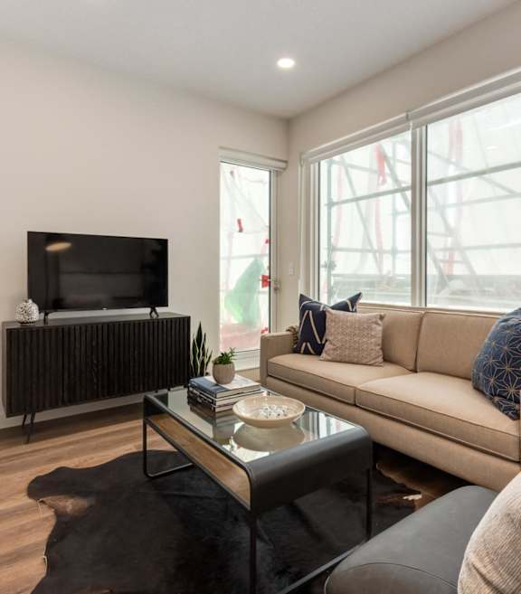 A living room with a couch, a chair, a coffee table, and a rug.