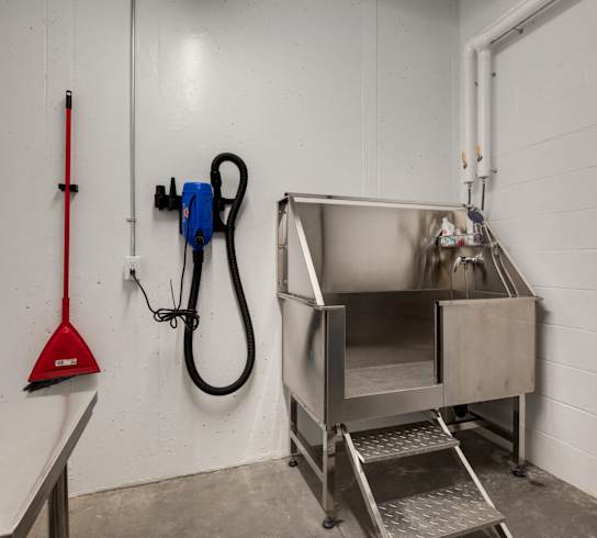 A red plunger is leaning against a white wall next to a large metal container.