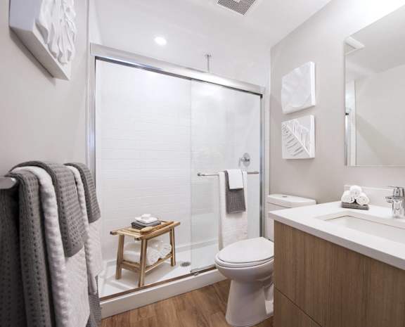 a bathroom with a shower and a sink and a toilet
