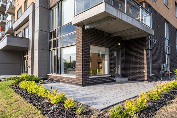 front entrance of a building with a large window and a walkway