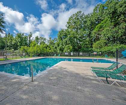 A large outdoor swimming pool surrounded by trees and a fence. at Sawbranch Apartments, Summerville 29485
