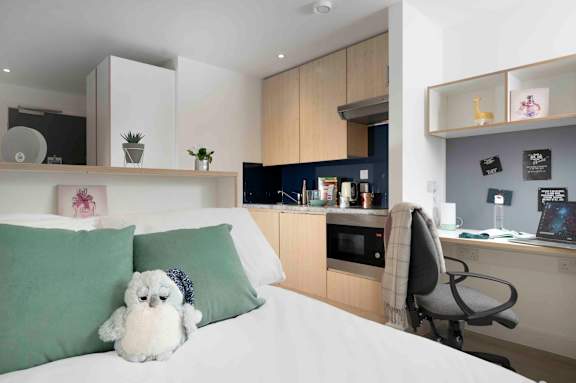 a bedroom with a bed and a desk and a stuffed animal