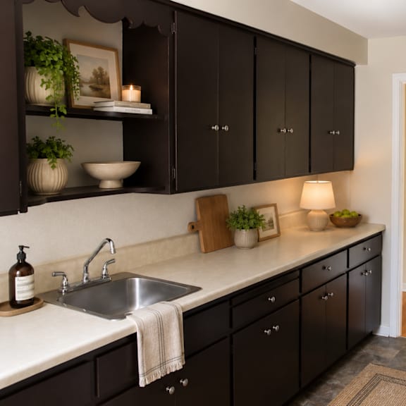 A kitchen with black cabinets and a white countertop.