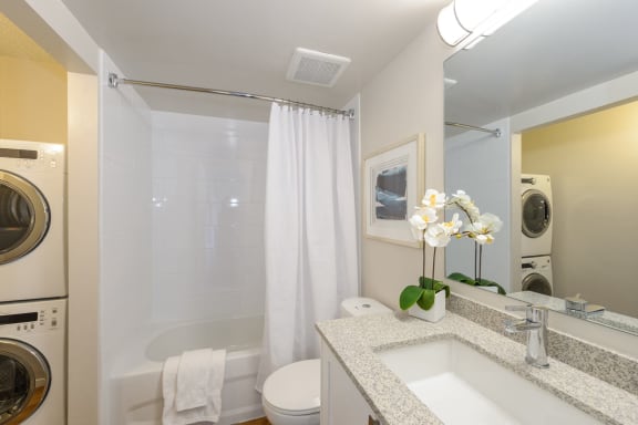 a bathroom with a sink and a shower and a washing machine