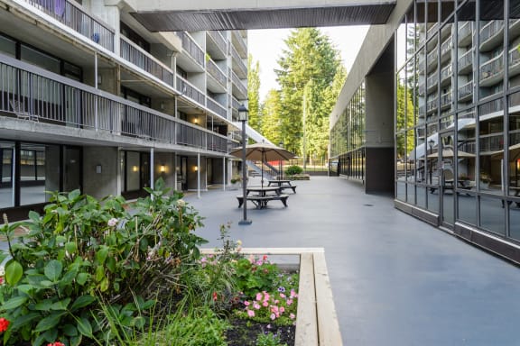a courtyard with benches and plants next to a building