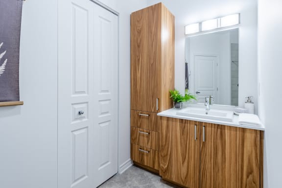 a bathroom with a white sink and a wooden cabinet