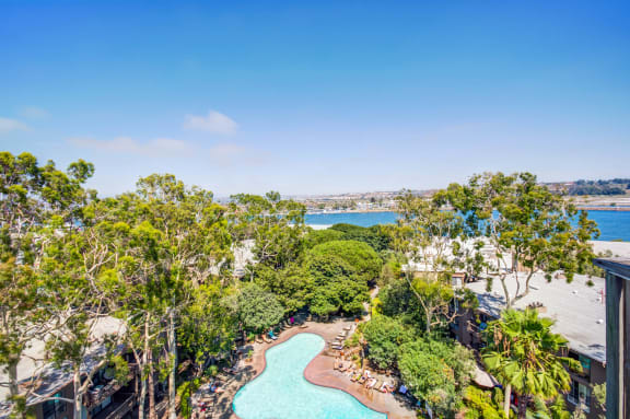 an aerial view of a swimming pool with trees and a body of water