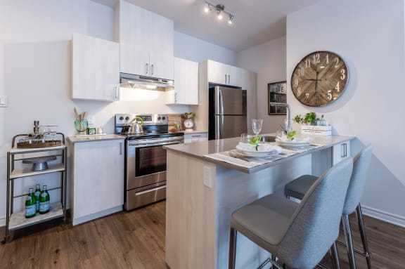 a kitchen with stainless steel appliances and a large quartz counter top