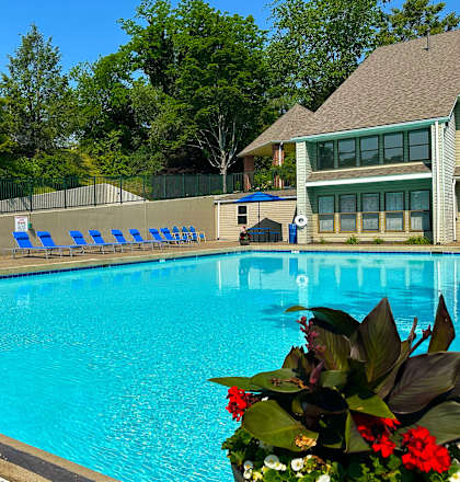 A pool with sun loungers and a building in the background.