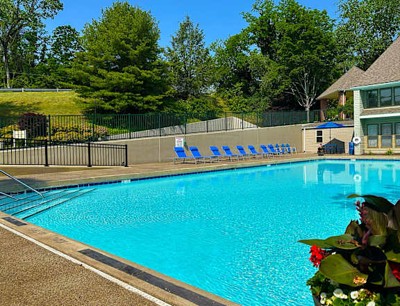 A pool with sun loungers and a building in the background.
