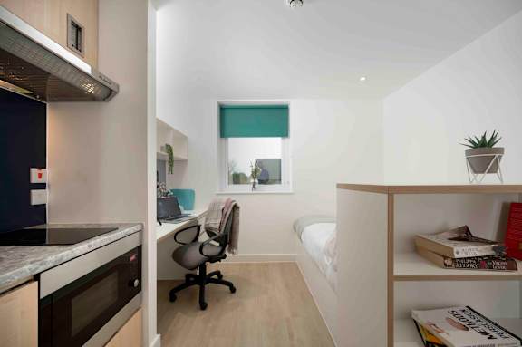 a bedroom with a bed and a desk and a kitchen