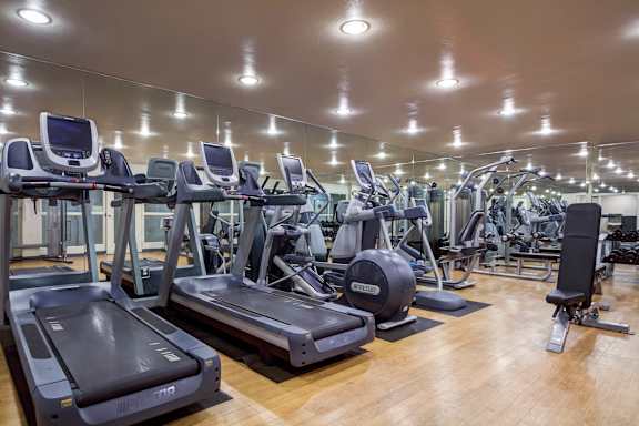 a gym with rows of treadmills and other exercise equipment