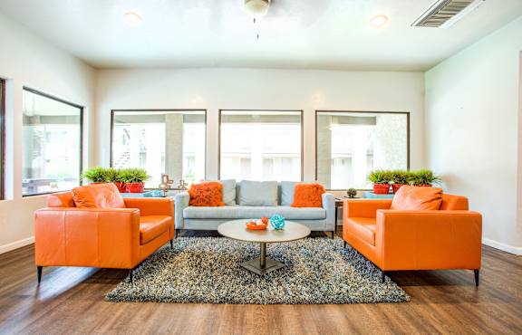 A living room with orange furniture and a black and white rug.