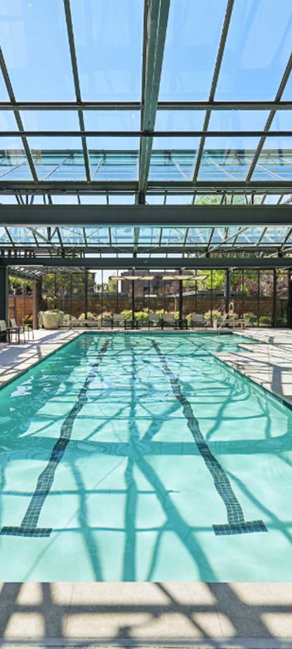 A large indoor swimming pool with a glass ceiling.
