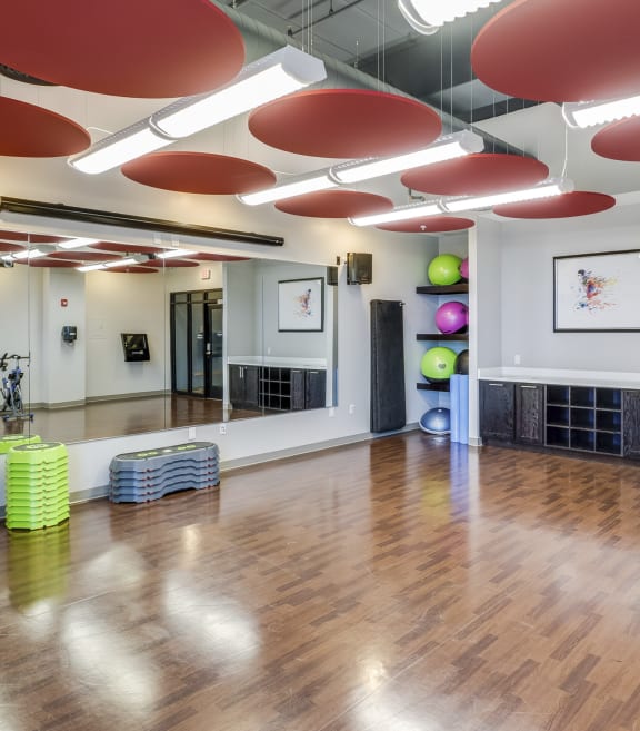 the multipurpose fitness center has a dance floor and a large mirror at Bluestone Flats, Duluth, 55803