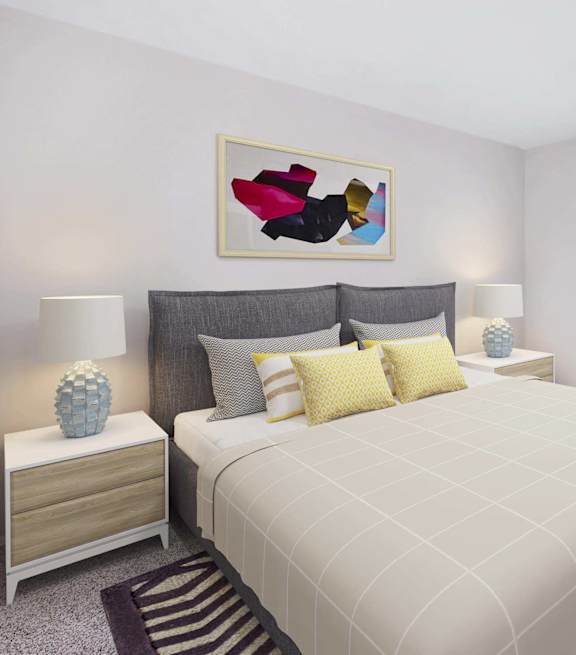 A bedroom with a large bed and a painting above it.
