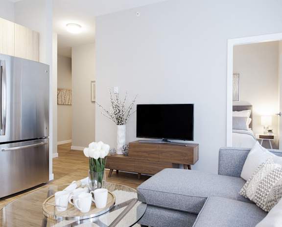 a living room with a couch and a coffee table and a television