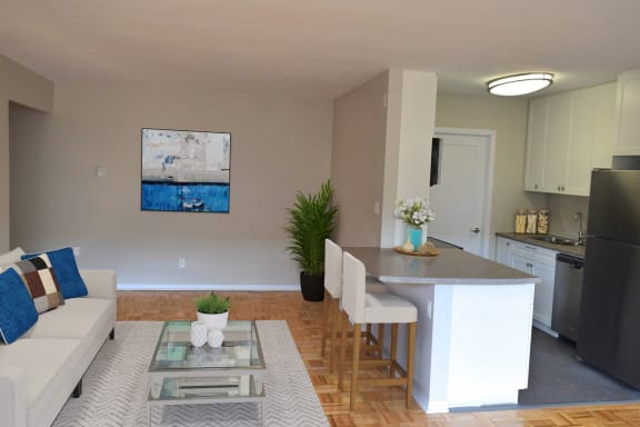 a living area with a kitchen and a dining room