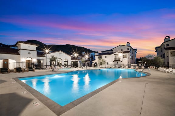 the pool is lit up at dusk at the estates at canyon ridge at Anacapa Canyon, Camarillo, 93012