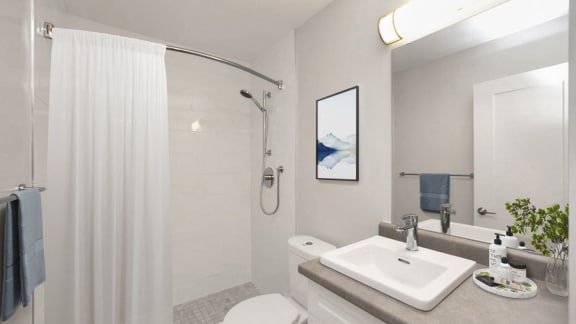 a bathroom with a shower and a sink and a toilet