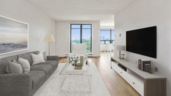 a living room with a gray couch and a large tv