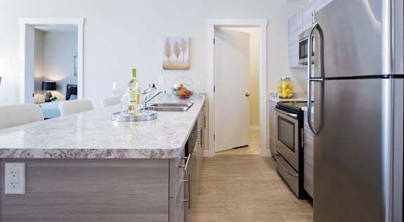 A kitchen with a marble countertop and stainless steel appliances.