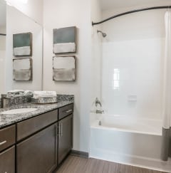 a bathroom with a tub and a sink and a mirror at Village at Westland Cove Apartments, Tennessee, 37922
