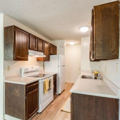 kitchen with stove, fridge, counters and sink