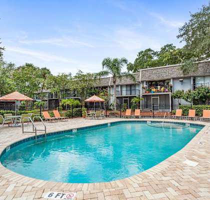 a resort style pool with chairs and umbrellas in front of a building at Greenwich Commons Apartment Homes, Tampa, FL, 33613