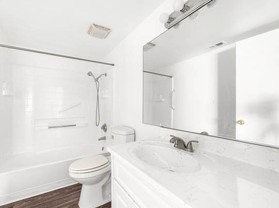Bright Bathroom with a shower and tub at Whispering Fountains Riverside, Riverside, CA, California