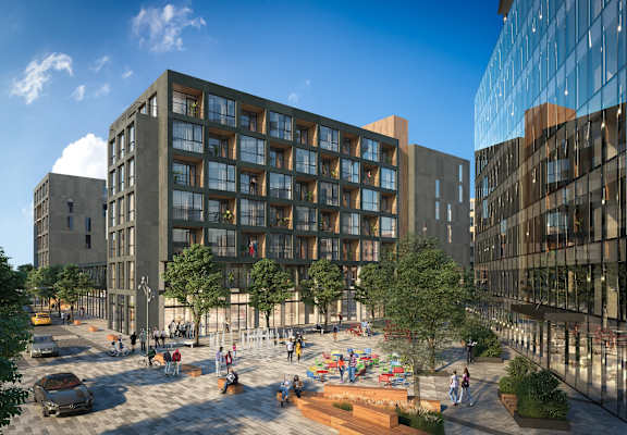 a rendering of a city street with buildings and trees at Anthem at Square 10 in New Haven, CT 06511