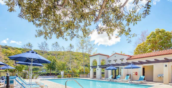 a swimming pool in front of a house with a resort style pool  at Mission Hills, California, 93012