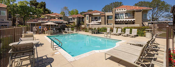 Community pool with surrounding sun deck at Bella Del Mar Apartments, Del Mar, CA, 92014