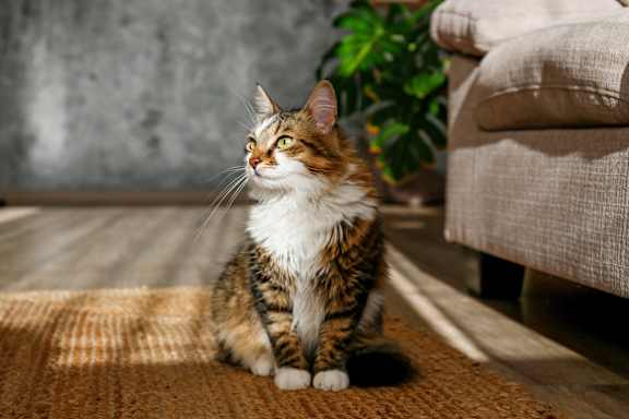 A cat with a white belly and brown and black fur sits on a rug.