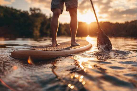 A person paddleboarding at Woodland Place Apartments, Langford, L4H 3P6