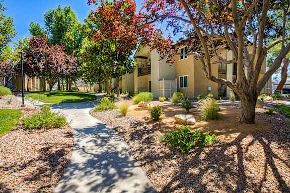a pathway leading to a building with trees and plants