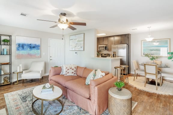 a kitchen and dining room with a table and chairs at Reserve of Jackson Apartment Homes, Jackson, MS, 39211