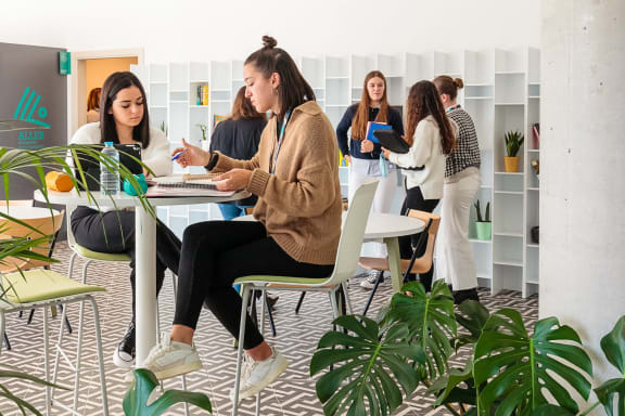 a group of students working at a table in an office