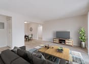 Thumbnail 3 of 5 - A living room with a grey sofa and a wooden coffee table.