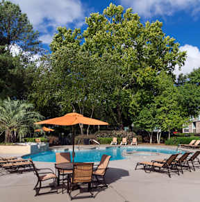 A pool surrounded by trees and chairs.