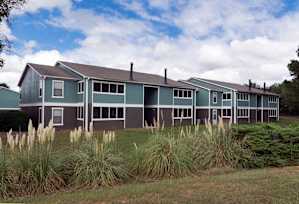 A row of houses with a grassy area in front.