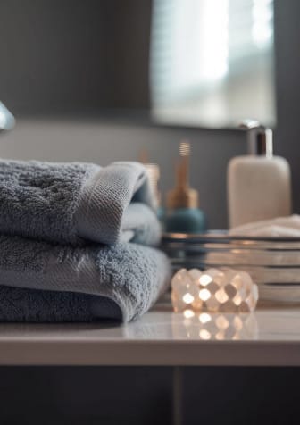 a stack of towels on a table in front of a mirror at Amity Oak in Amityville, NY 11701