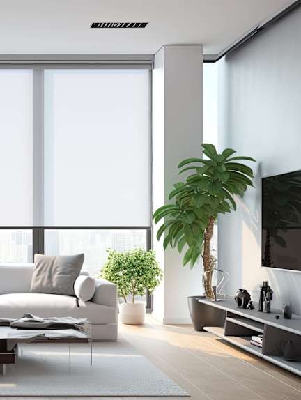 A modern living room with a white sofa set, a coffee table, and a large window.