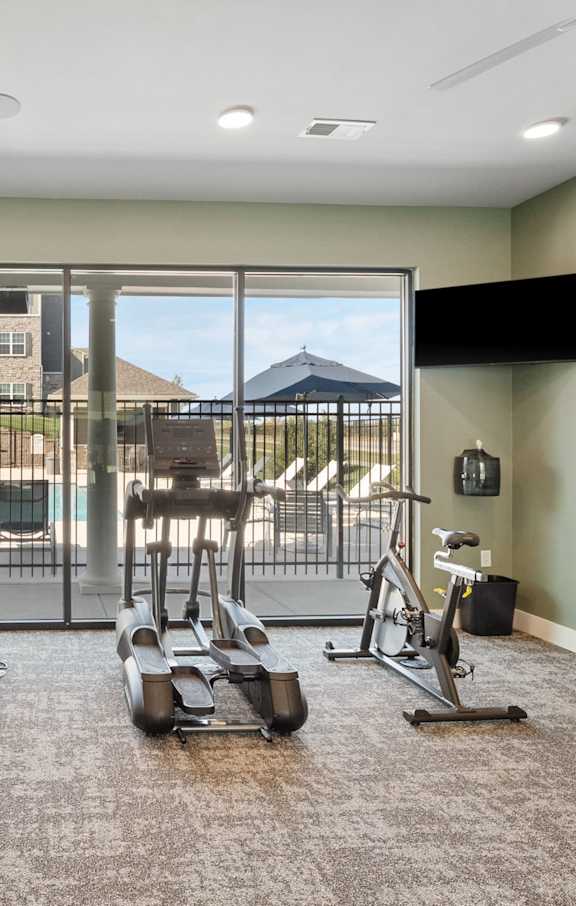 A gym with treadmills, elliptical machines, and a television.