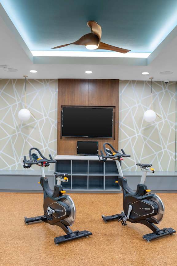 Two stationary bikes are in a room with a patterned wallpaper and a ceiling fan.