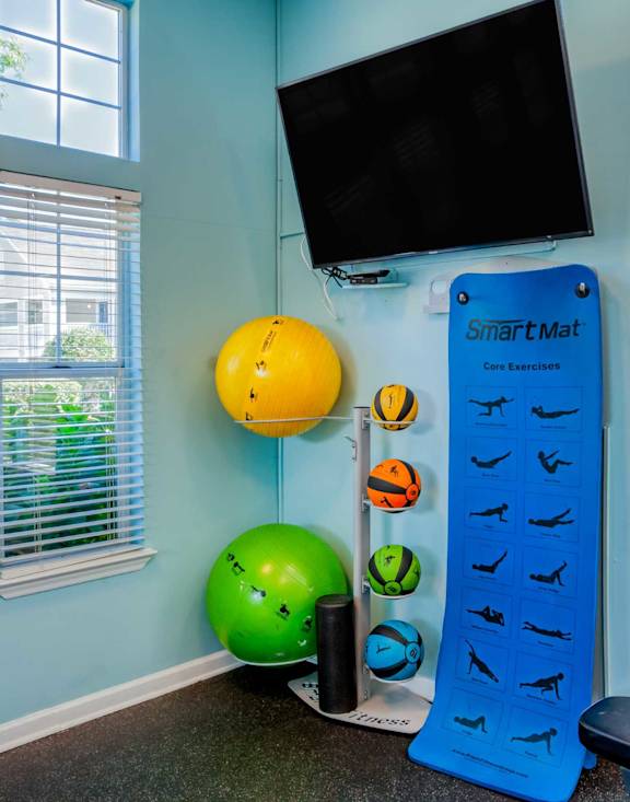 A Smart Mat with exercise balls and a television in a room.