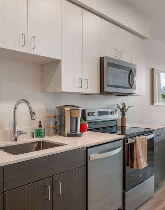 Nook at Northaven Apartments, Washington, 98125 kitchen with appliances and 3 windows in the background