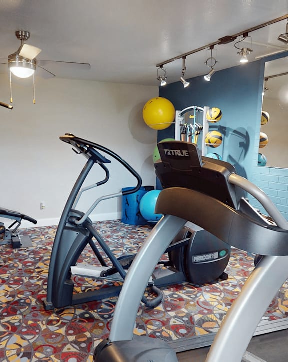 A gym with a variety of equipment including a stationary bike and a leg press machine.